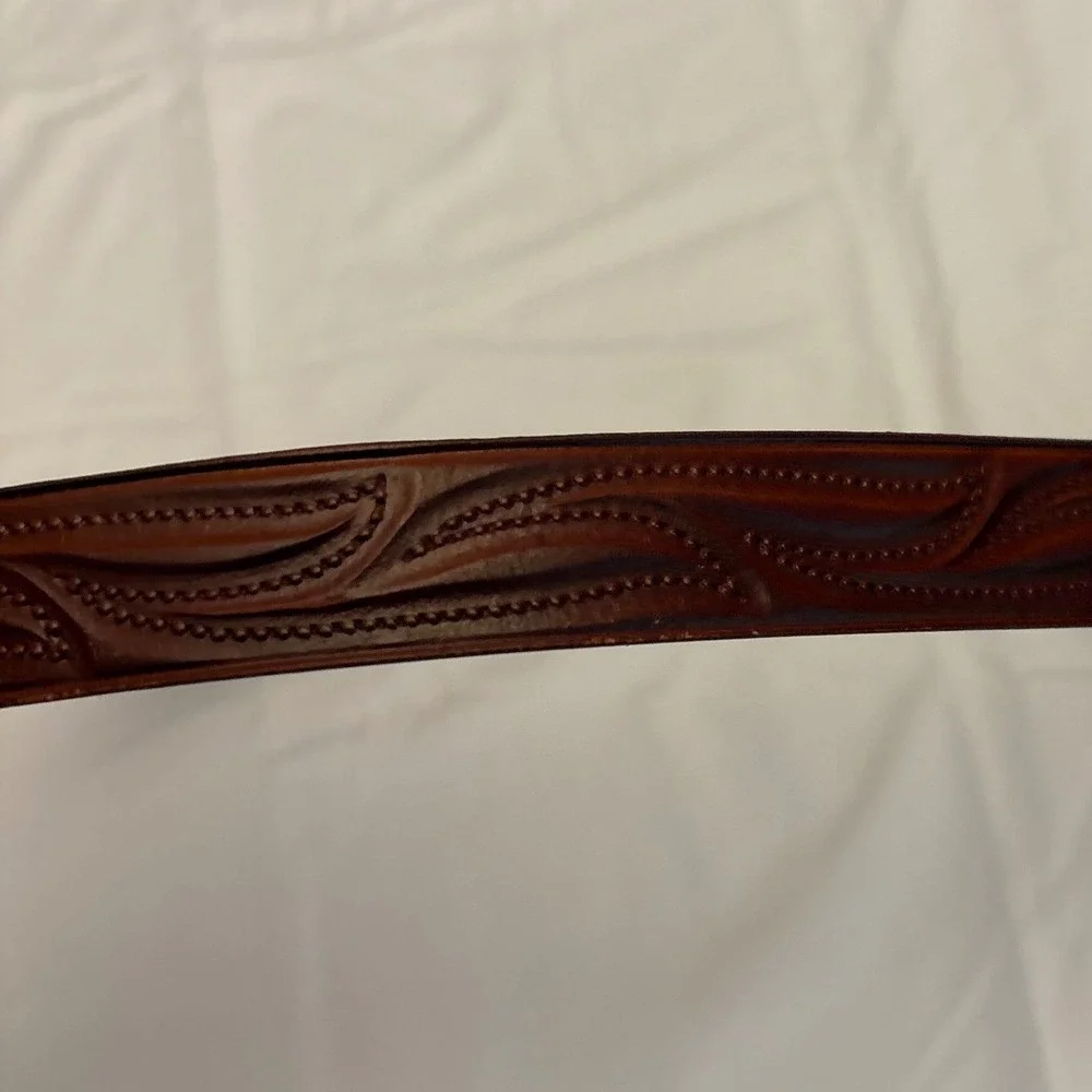 Vintage Handmade Tex Tan Leather‎ Belt Western Style Stone Buckle Brown Size 38